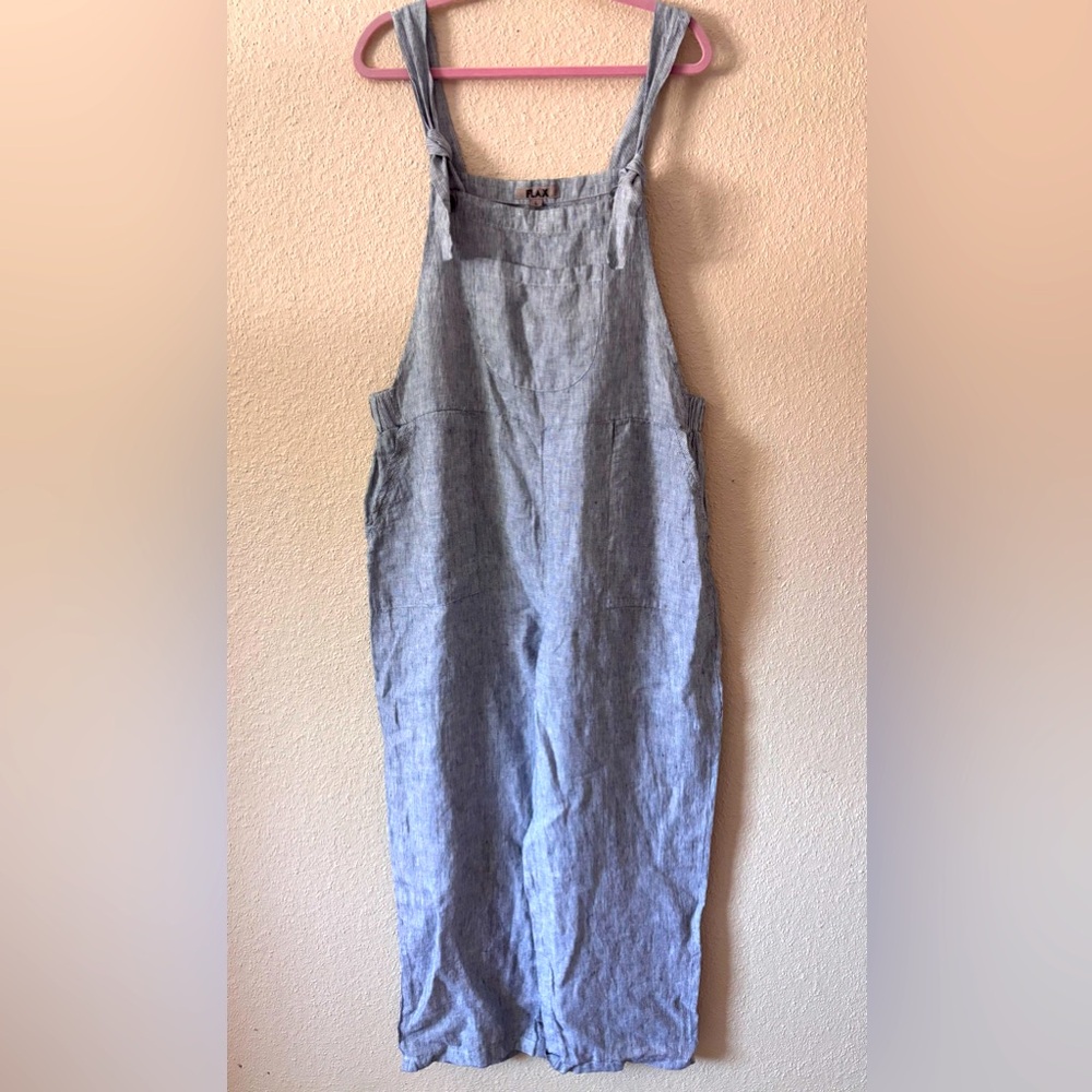 Flax Cream and Blue Jumpsuit Relaxed Fit Adjustable Straps